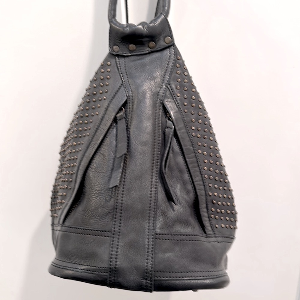 Studded Black Leather Backpack with Gold-Tone Accents - Picture 10 of 12